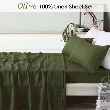 Vintage Design Homewares 100% Linen Olive Sheet Set Queen.