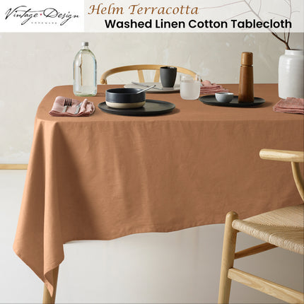 Vintage Design Homewares Helm Terracotta Washed Linen Cotton Tablecloth 150cm x 275cm.