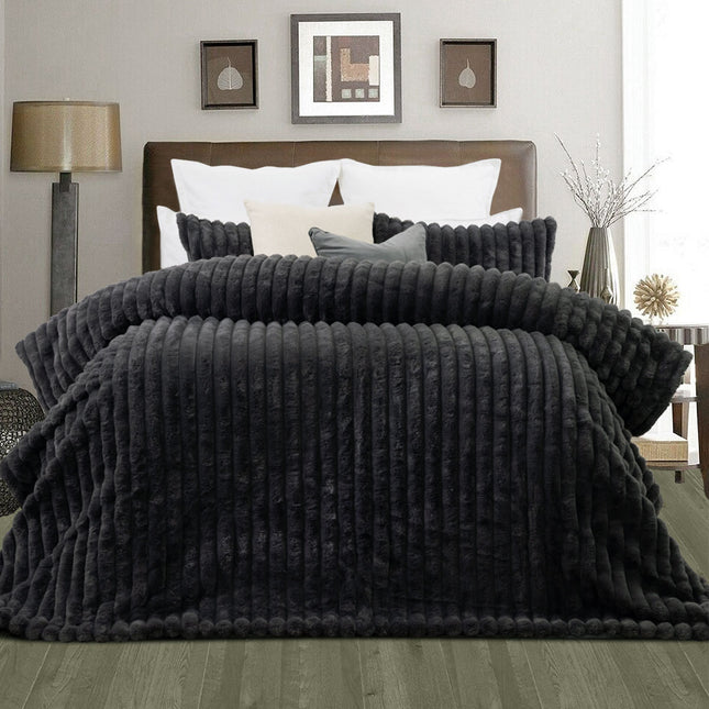 Jane Barrington Arna Charcoal 3 Pcs Channel Faux Bunny Fur Comforter Set King.