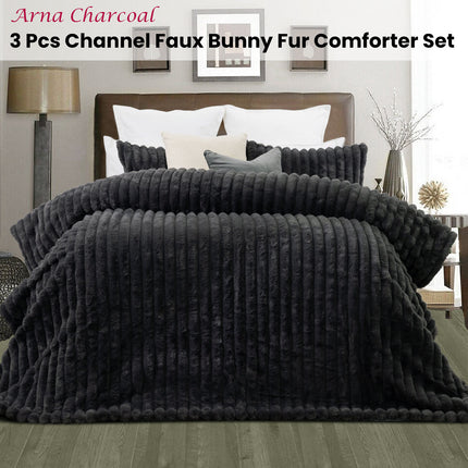 Jane Barrington Arna Charcoal 3 Pcs Channel Faux Bunny Fur Comforter Set King.