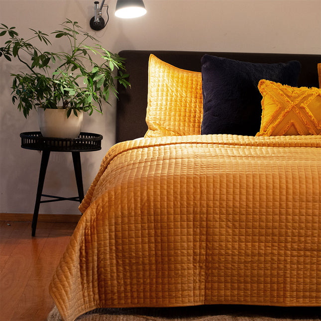 J.Elliot Home Adela Mustard Velvet Quilted Coverlet Set Queen/King.