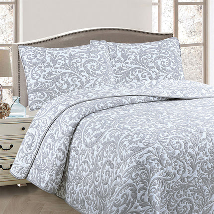 Jane Barrington Grey & White Lightly Quilted Jacquard Reversible Coverlet Set Queen.