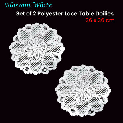 Blossom White Set of 2 Polyester Lace Table Doilies 36 cm Diameter.