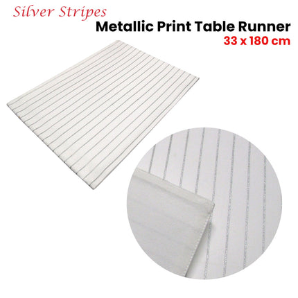 Silver Stripes Cotton Metallic Print Table Runner 33 x 180 cm.