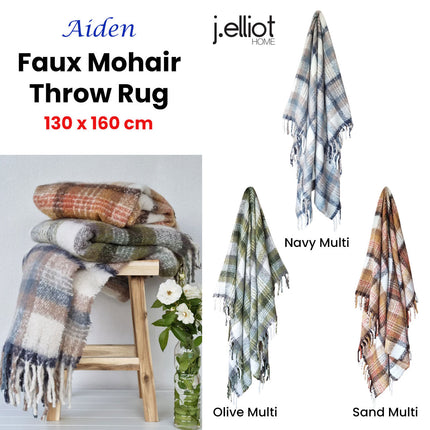 J Elliot Home Aiden Olive Multi Faux Mohair Throw Rug with Fringe 130 x 160cm.