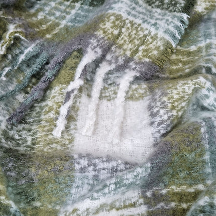 J Elliot Home Aiden Olive Multi Faux Mohair Throw Rug with Fringe 130 x 160cm.