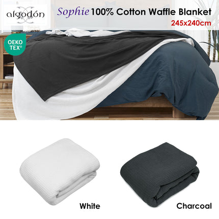 Algodon Sophie Cotton Waffle Blanket Queen 245x240cm Charcoal.