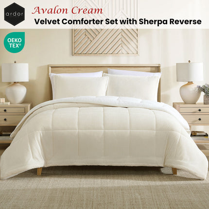 Ardor Avalon Cream 3 Pcs Velvet Comforter Set with Sherpa Reverse Queen/King.