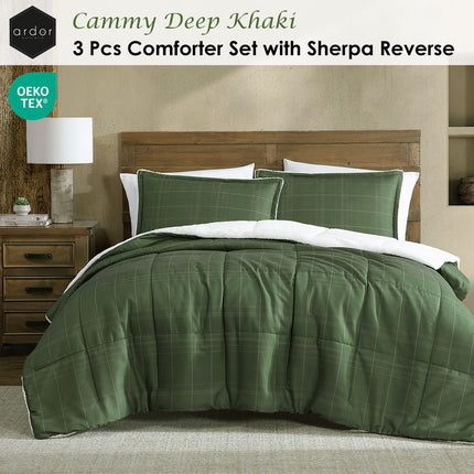 Ardor 3 Pcs Cammy Deep Khaki Comforter Set with Sherpa Reverse Queen/King.