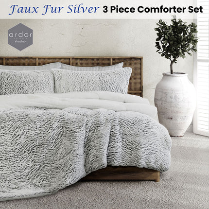 Ardor Faux Fur Silver 3 Piece Comforter Set Queen/King.