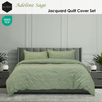 Ardor Adeline Sage Jacquard Damask Quilt Cover Set Queen.