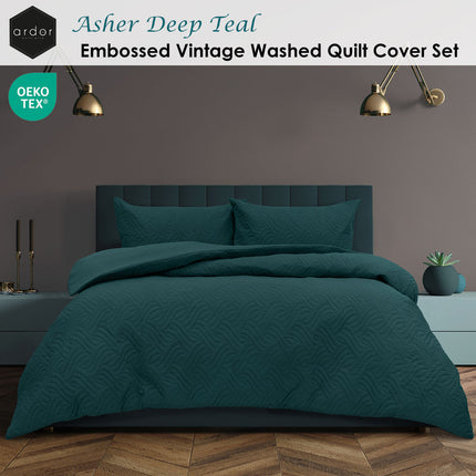 Ardor Asher Deep Teal Embossed Vintage Washed Quilt Cover Set King.