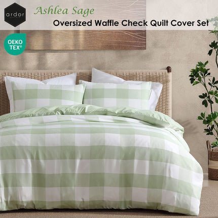 Ardor Ashlea Sage Oversized Waffle Check Quilt Cover Set King.