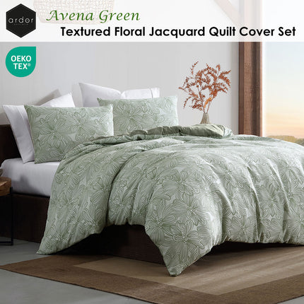 Ardor Avena Green Textured Floral Jacquard Quilt Cover Set Queen.