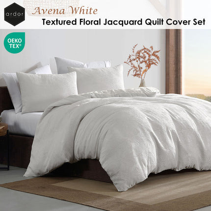 Ardor Avena White Textured Floral Jacquard Quilt Cover Set Queen.