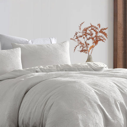 Ardor Avena White Textured Floral Jacquard Quilt Cover Set Queen.