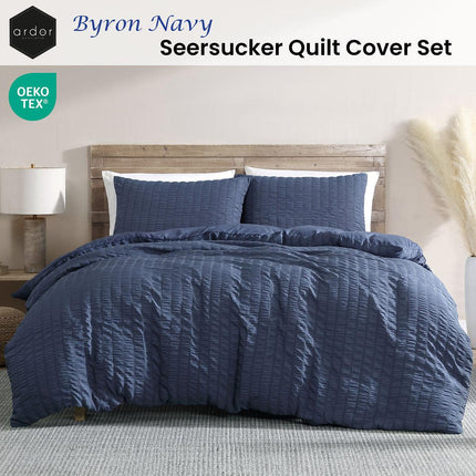 Ardor Byron Navy Seersucker Quilt Cover Set Queen.