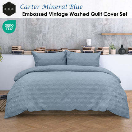 Ardor Carter Mineral Blue Embossed Vintage Washed Geometric Quilt Cover Set Queen.