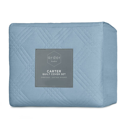 Ardor Carter Mineral Blue Embossed Vintage Washed Geometric Quilt Cover Set Queen.
