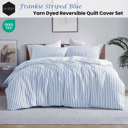 Ardor Frankie Blue Stripe Yarn Dyed Reversible Quilt Cover Set Queen.