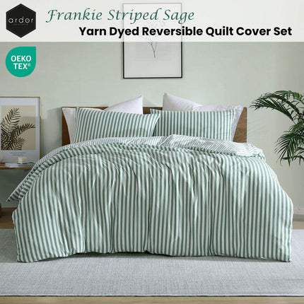 Ardor Frankie Sage Stripe Yarn Dyed Reversible Quilt Cover Set King.