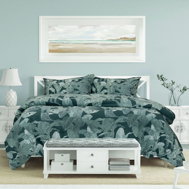 Ardor Indra Teal Palm Leaf Printed Quilt Cover Set King.