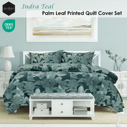Ardor Indra Teal Palm Leaf Printed Quilt Cover Set King.