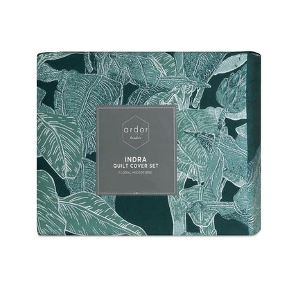 Ardor Indra Teal Palm Leaf Printed Quilt Cover Set King.