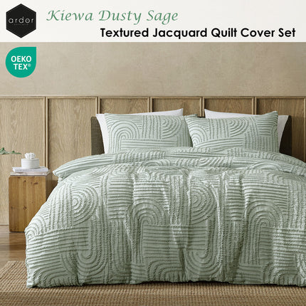 Ardor Kiewa Dusty Sage Textured Jacquard Aztec Quilt Cover Set King.