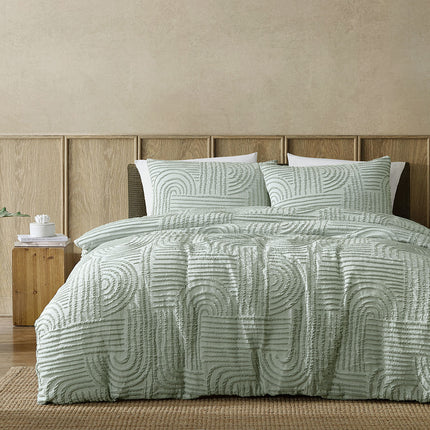 Ardor Kiewa Dusty Sage Textured Jacquard Aztec Quilt Cover Set Queen.