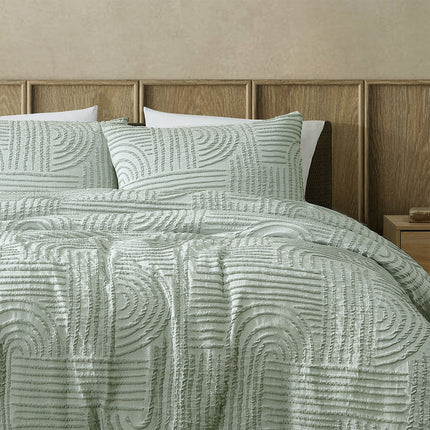 Ardor Kiewa Dusty Sage Textured Jacquard Aztec Quilt Cover Set Queen.