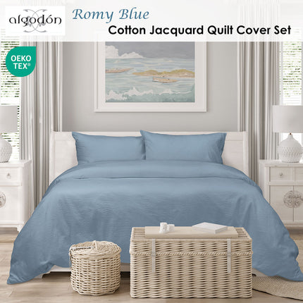 Algodon Romy Blue Cotton Jacquard Quilt Cover Set King.