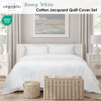 Algodon Romy White Cotton Jacquard Quilt Cover Set King.