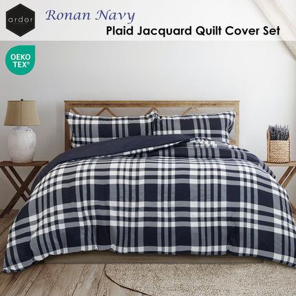 Ardor Ronan Navy Plaid Jacquard Quilt Cover Set King.