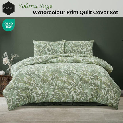 Ardor Solana Sage Watercolour Print Quilt Cover Set King.
