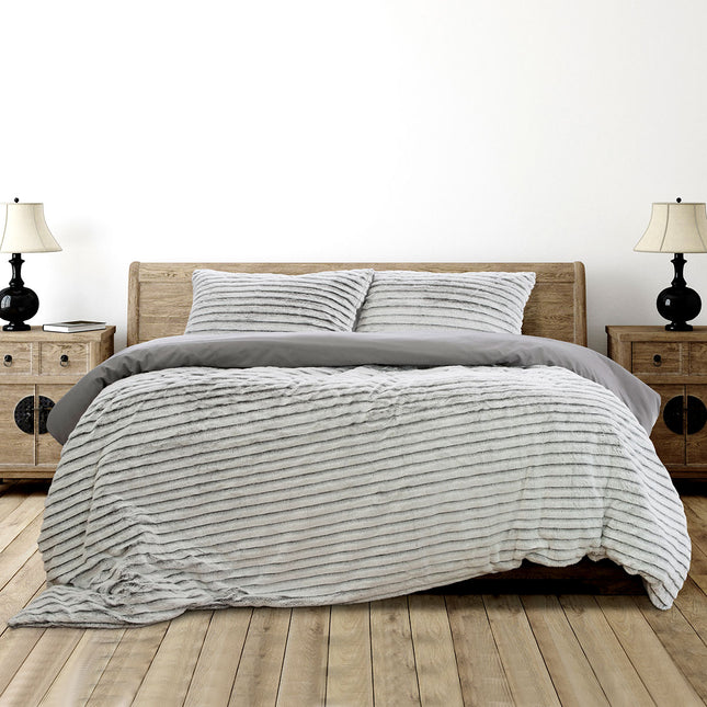 Ardor Striped Faux Fur Grey Super Soft Quilt Cover Set Queen.