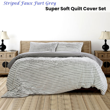 Ardor Striped Faux Fur Grey Super Soft Quilt Cover Set Queen.