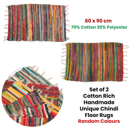 Set of 2 Random Colour Hand Made Cotton Rich Chindi Floor Rugs 60 x 90 cm.