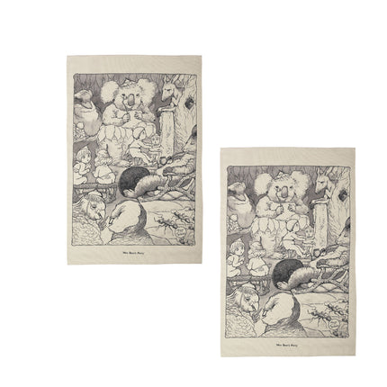 Set of 2 May Gibbs Mrs Bear's Party Cotton Heritage Tea Towels 50 x 70 cm.