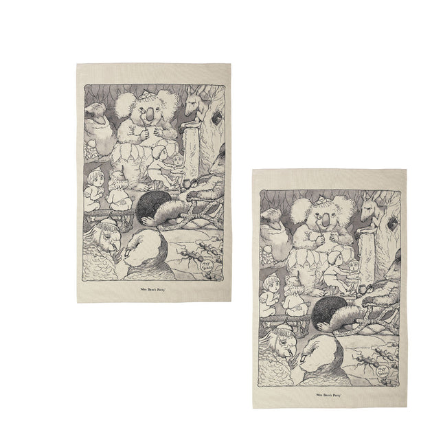 Set of 2 May Gibbs Mrs Bear's Party Cotton Heritage Tea Towels 50 x 70 cm.