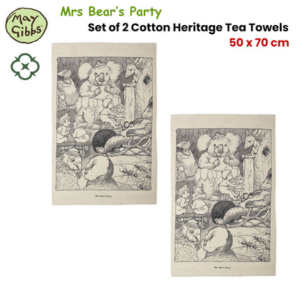 Set of 2 May Gibbs Mrs Bear's Party Cotton Heritage Tea Towels 50 x 70 cm.