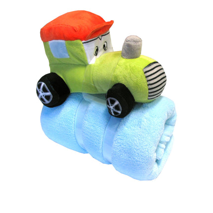 Baby Blue Blanket with Toy Tractor.