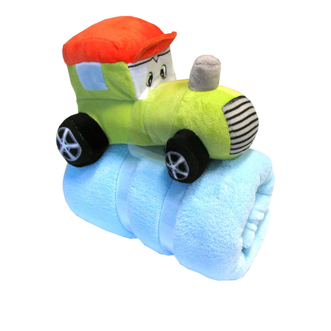 Baby Blue Blanket with Toy Tractor.