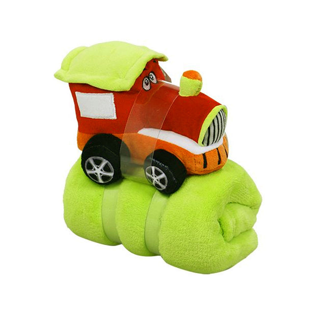 Baby Red Blanket with Toy Tractor.