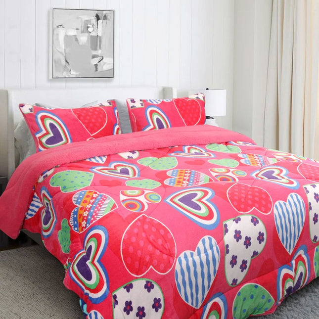 Ramesses Pink Heart Printed Sherpa Flannel Fleece Reversible Blanket Set Queen/King.