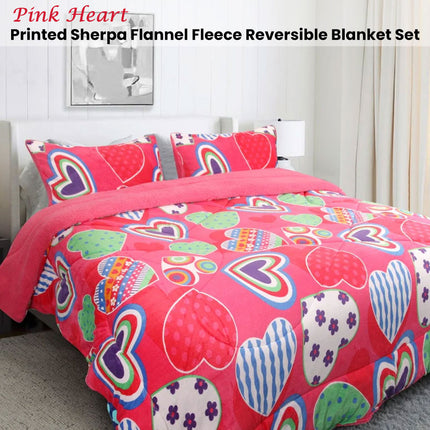 Ramesses Pink Heart Printed Sherpa Flannel Fleece Reversible Blanket Set Queen/King.