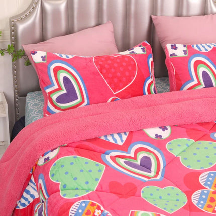 Ramesses Pink Heart Printed Sherpa Flannel Fleece Reversible Blanket Set Queen/King.