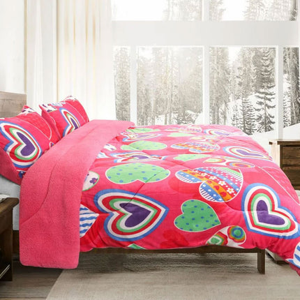 Ramesses Pink Heart Printed Sherpa Flannel Fleece Reversible Blanket Set Queen/King.