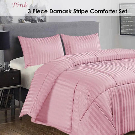 Ramesses 3 Piece Damask Stripe Comforter Set King Pink.