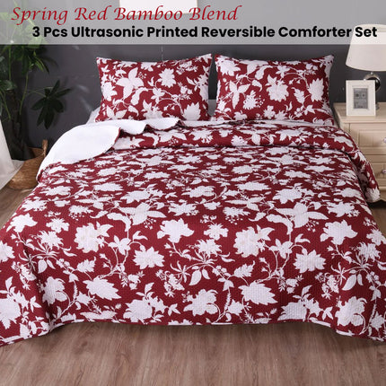 Ramesses Spring Red 3 Pcs Bamboo Blend Ultrosonic Reversible Comforter Set King.